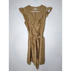 Banana Republic Women Petite 2P Dress Silk Tan Ruffle Button Front Short Sleeve